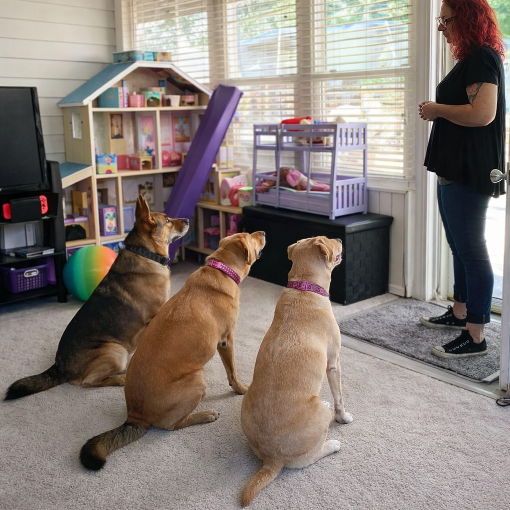 Three dogs demonstrating door manners and impulse control during training